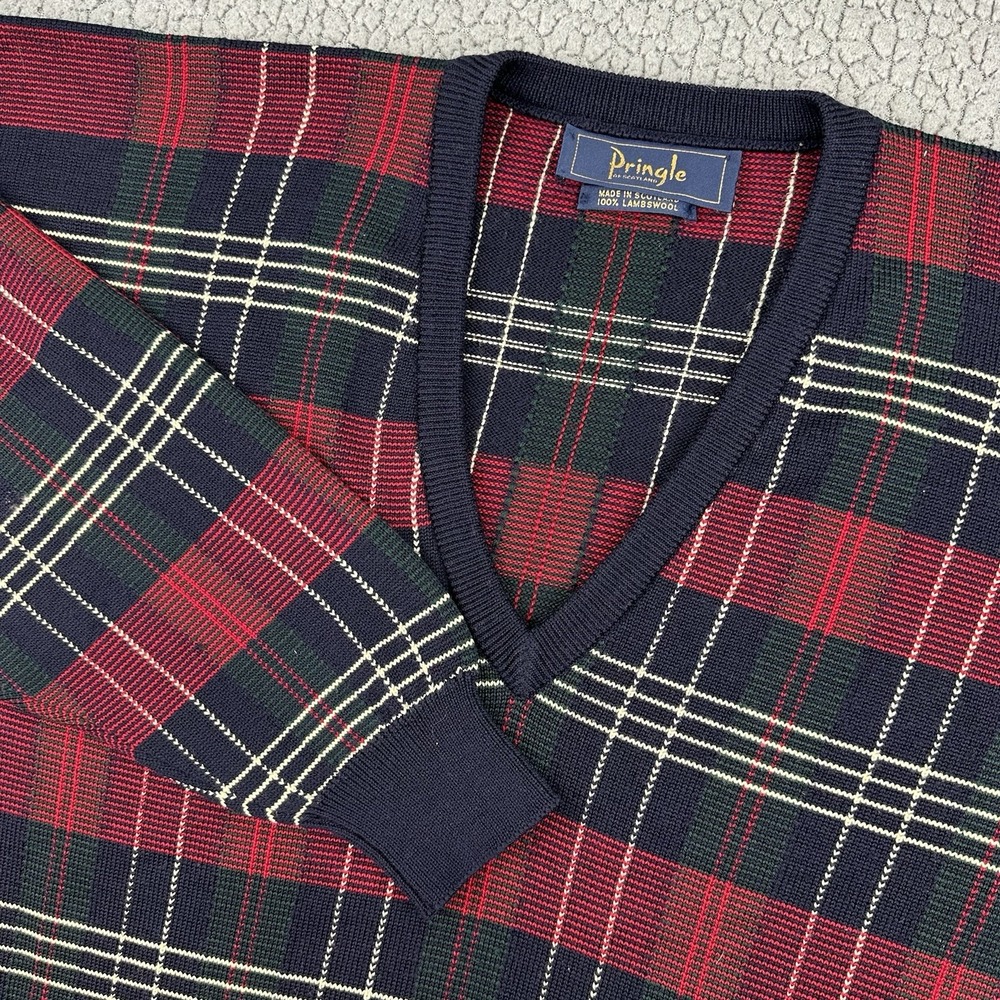 Pringle Men Sweater XL Extra Large Red Plaid 100% Lambs Wool Knitted Pullover